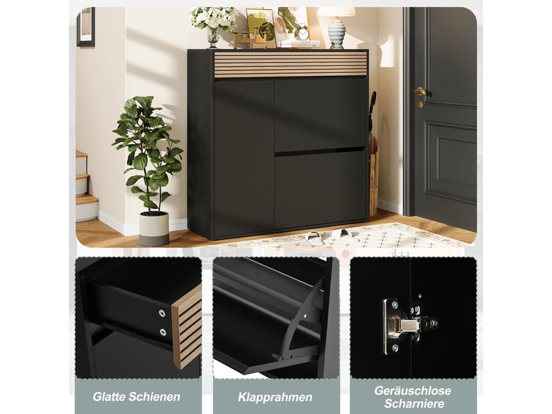  Meuble à chaussures étroit 100x35x105 cm avec tiroir et portes abattantes mdf noir + bois naturel  - Conforama R