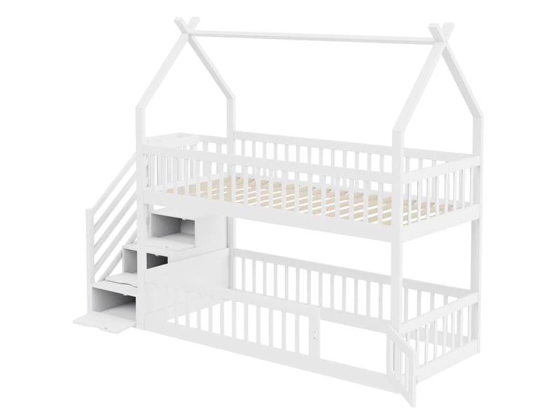  Lit superposé enfant avec toit et escalier-rangement, bois massif blanc, 90x200 cm, tiroirs intégrés  - Conforama D