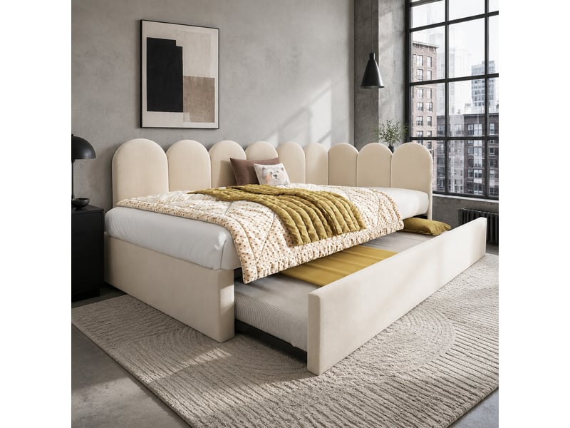 Lit enfant gigogne 90x200 cm avec couchage 90x190 cm, velours beige - Conforama B