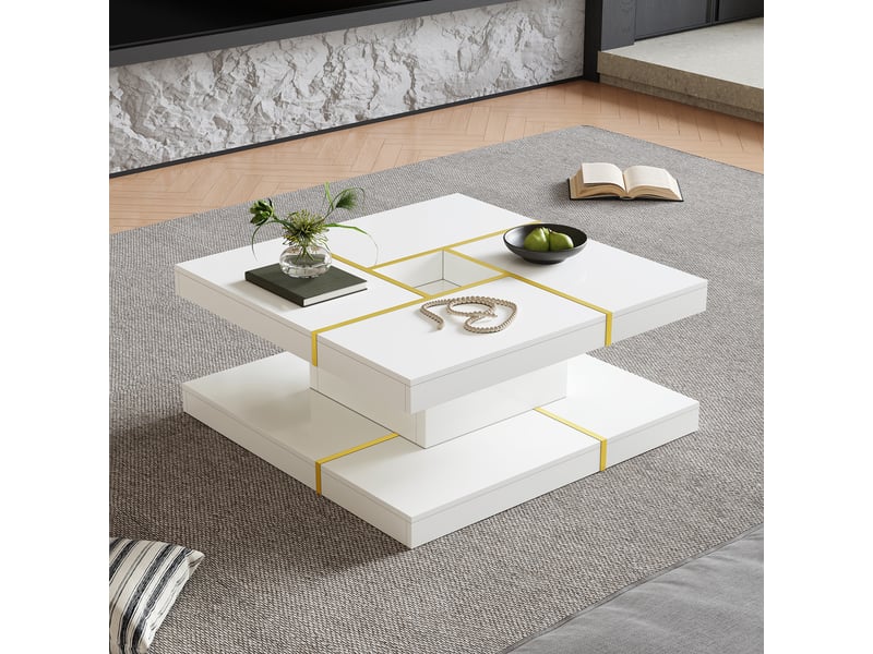 Table basse carrée 80x80x38 cm à 2 niveaux, double plateau avec niche centrale, bordures métal doré, panneau de particules blanc, pour salon - Conforama E