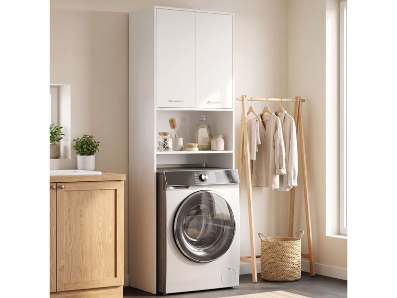  Meuble sous-lave-linge, 2 portes et compartiment ouvert, 66 x 24 x 191 cm, blanc  - Conforama B