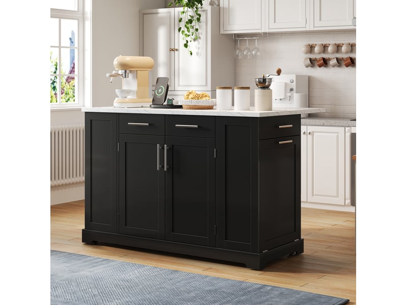 Desserte de cuisine avec plateau rabattable, 3 portes de rangement, prises et roulettes freinées, 138 × 86 × 92 cm - Conforama D