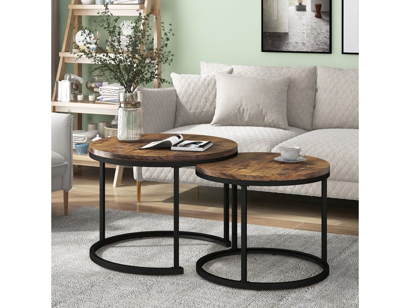  Ensemble de 2 tables basses rondes, tables basses de salon, tables d'appoint rondes gigognes, 2 tables d'appoint rondes (marron)  - Conforama B