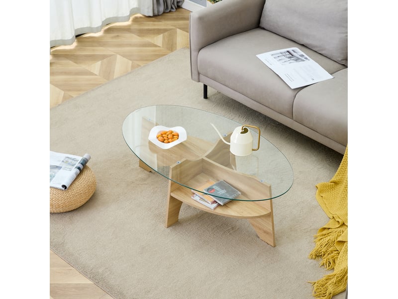  Table basse ovale 104,9x60x35,6 cm, table de salon, plateau en verre, pour salon, mdf, élégante, transparent et bois  - Conforama B