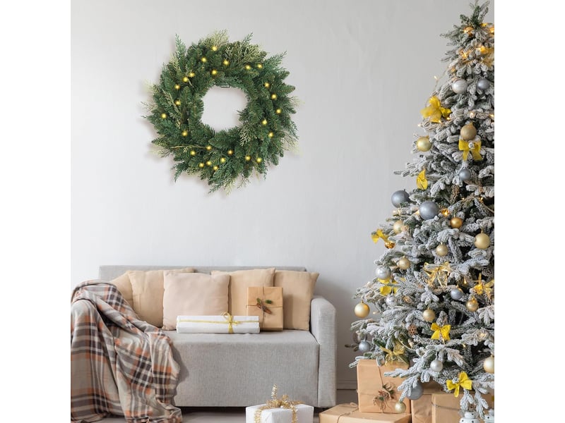  Couronne de noël pré-éclairée 40cm, branches de cyprès – led à pile avec minuterie, pour porte, fenêtre et mur  - Conforama E