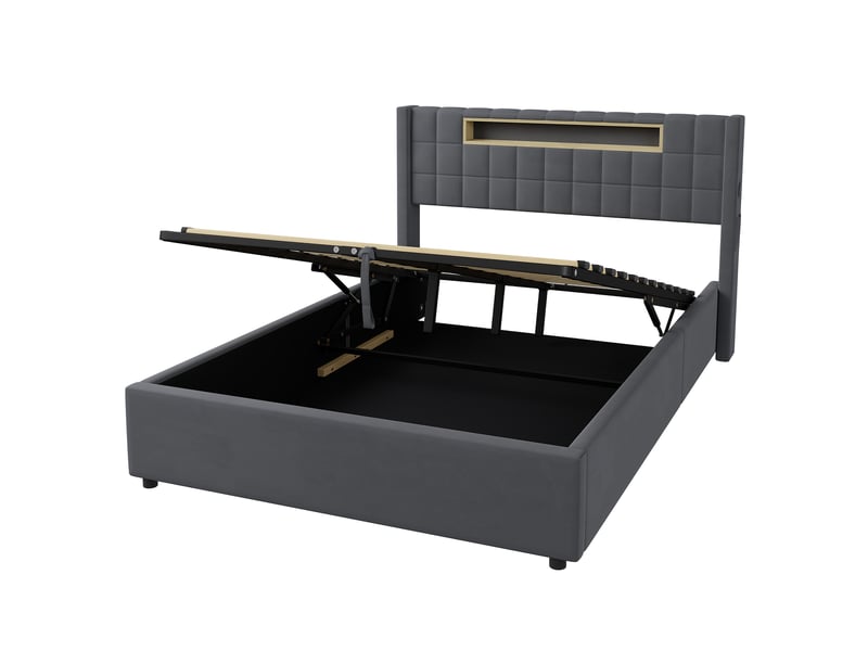  Lit coffre 140x200 cm, lit adute rembourré avec led et rangement, gris, sans matelas  - Conforama D