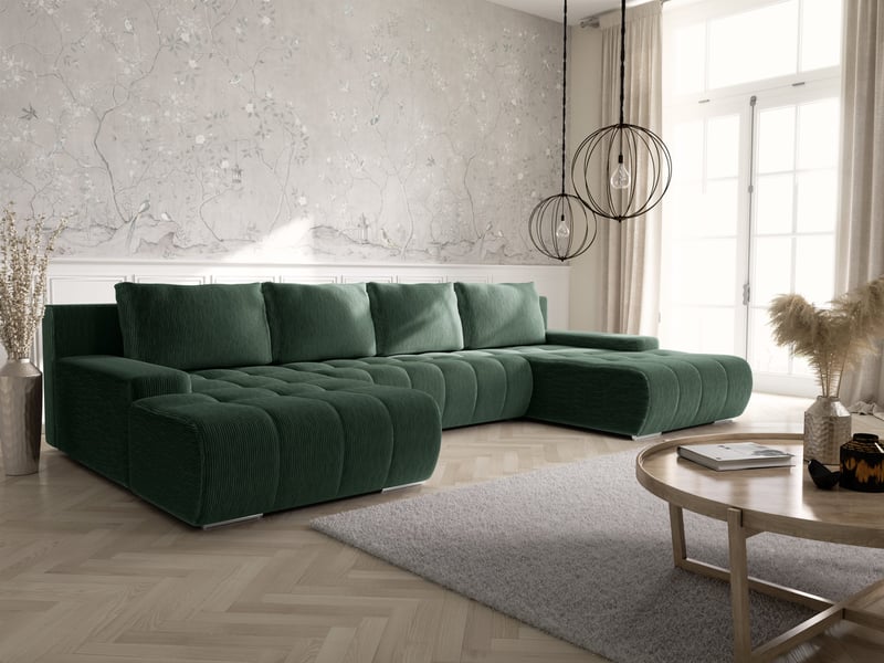  Canapé d'angle convertible velutti u velours côtelé poso vert, forme u avec coffre  - Conforama B