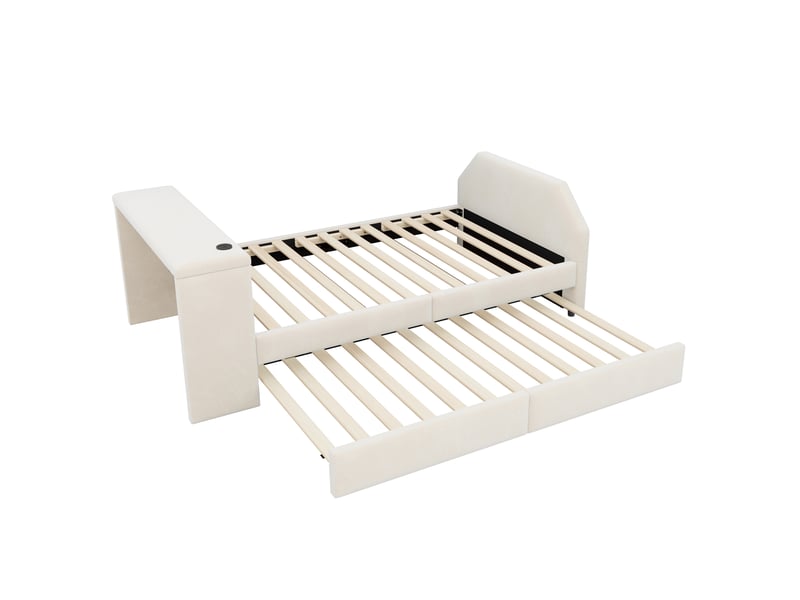 Lit gigogne enfant 90 × 200 cm avec bureau, usb et couchage d’appoint, sans matelas, en velours beige - Conforama A