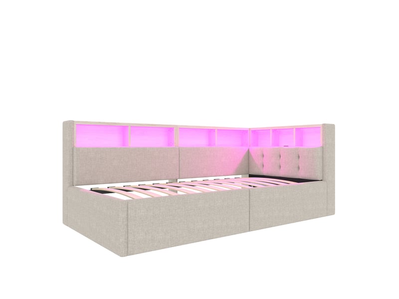  Lit de jour 90x200 cm en lin beige avec rangement hydraulique et ports usbtype-c  - Conforama W