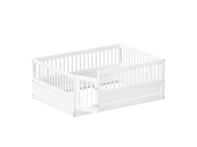  Lit évolutif enfant en bois avec barrières et porte, blanc, 140x200cm, cadre sécurisé et design moderne  - Conforama E