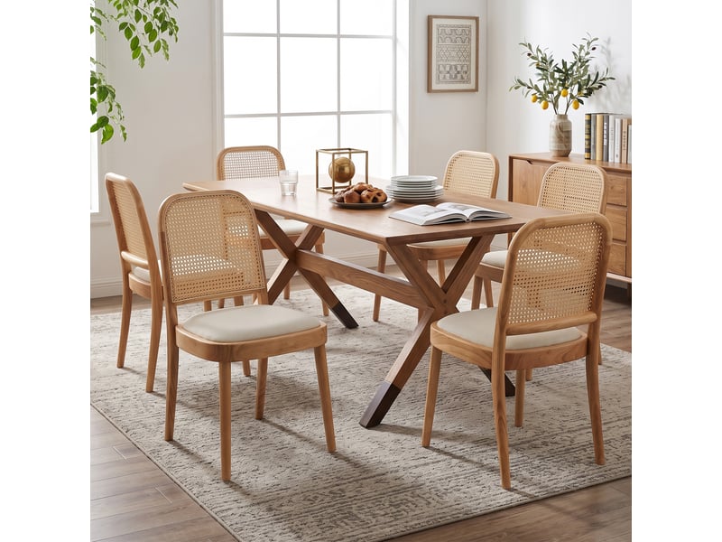  Chaises de salle à manger lot de 4 avec dossier tressé  - bois massif, lin - bois naturel  - Conforama B