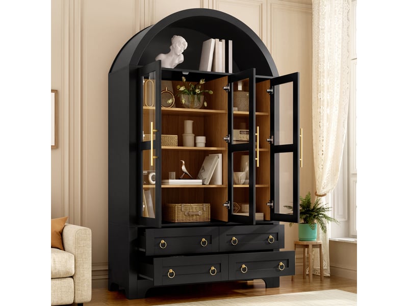  Buffet avec sommet arqué, 3 portes vitrées et 4 tiroirs, étagères réglables, poignées métalliques, 110x40x185cm  - Conforama E