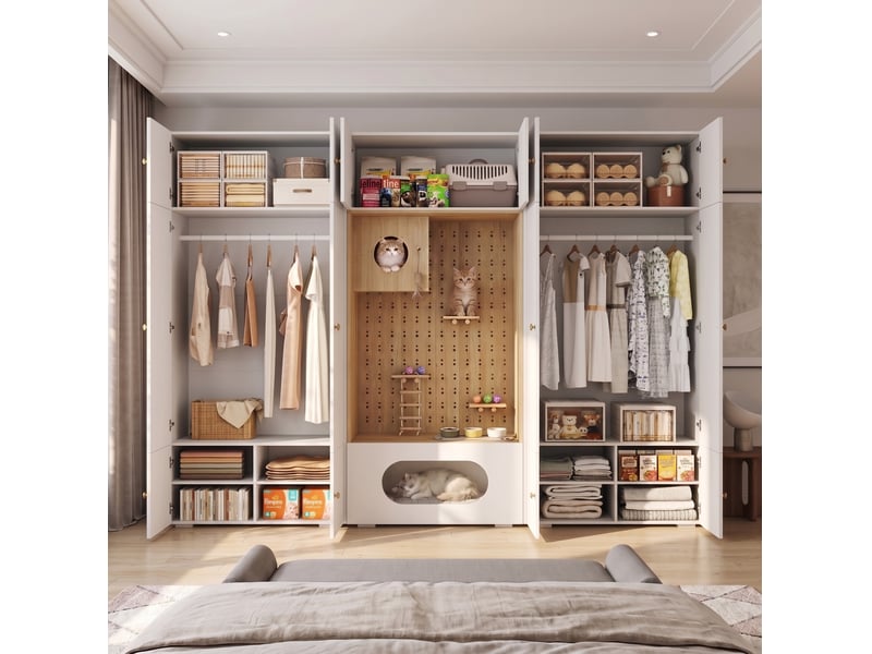  Armoire avec penderie, 11 niches et espace , pour chambre ou entrée, blanc et bois, 270 × 50 × 200 cm  - Conforama C