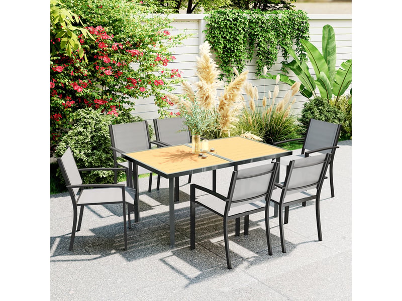  Table à manger de jardin pour 6 personnes table de jardin avec plateau effet bois en acier 150 x 90 x 72 cm bois naturel  - Conforama C