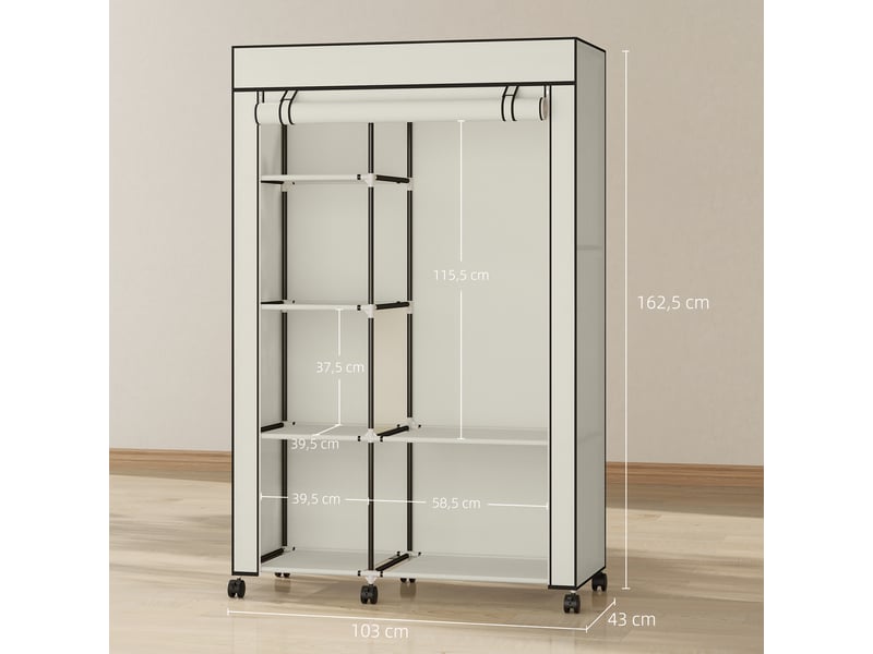  Armoire penderie en tissu meuble de rangement 6 roulettes tringle à vêtements et étagères ouvertes 103x43x162,5cm crème  - Conforama D