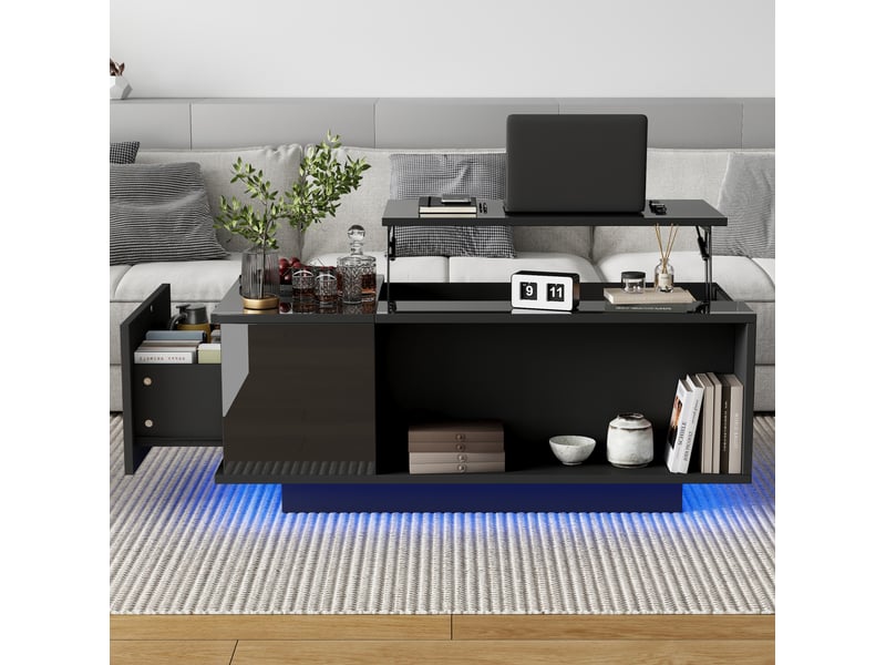  Table basse relevable noire avec led, rangement et tiroir – 100 x 50 x 40 cm  - Conforama C