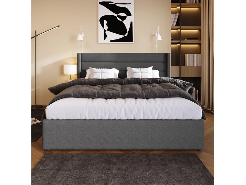  Lit coffre 140 × 200 cm 2 places avec rangement hydraulique, matelas inclus, en tissu effet lin, gris  - Conforama C