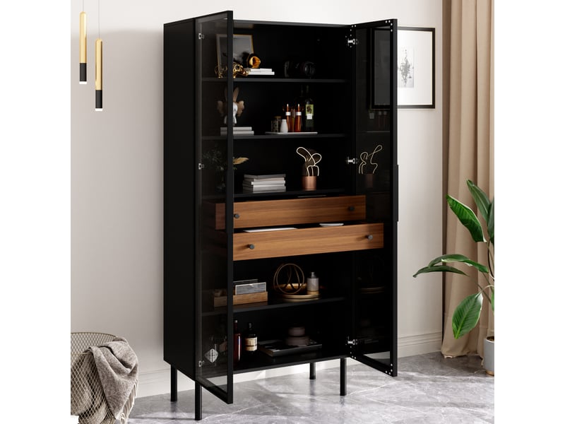  Vitrine de salon avec éclairage led app - armoire d'affichage moderne avec portes vitrées, 2 tiroirs et étagères intérieures  - Conforama E