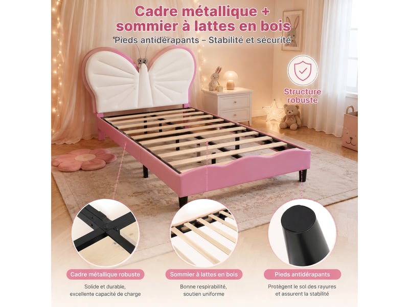 Lit enfant fille 90x190 cm, lit simple rembourré en velours avec tête de lit papillon et lampe de lecture led, hauteur réglable, rose et blanc - Conforama W