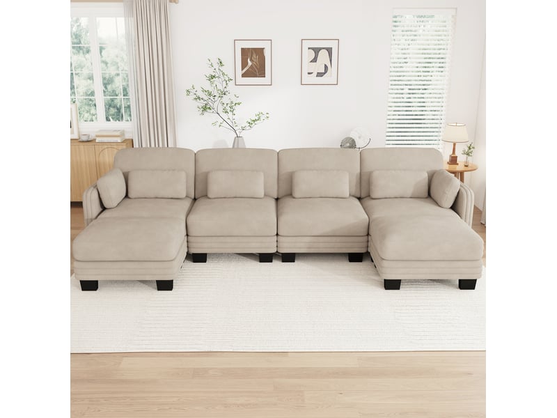  Canapé modulaire en u 4 places 330x143x88 cm, tendre et élastique, assise spacieux profonde, 2 poufs, tissu en chenille, café clair  - Conforama B