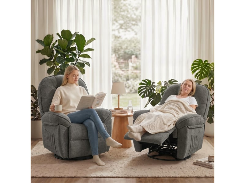 Fauteuil relax inclinable gris, pivotant à 360°, assise à ressorts ensachés avec repose-pieds pour salon - Conforama B