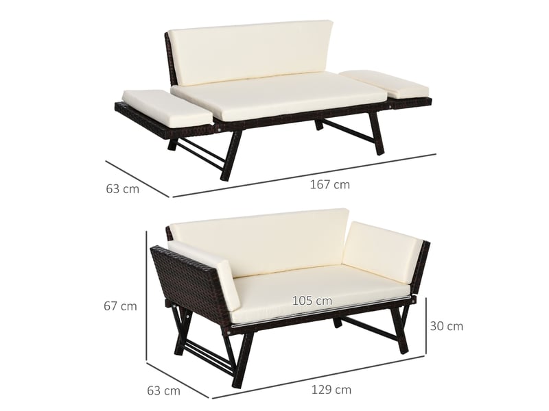  Canapé de jardin 2 places 129x63x67 cm – marron – accoudoirs rabattables, position allongée avec coussins déperlants  - Conforama C