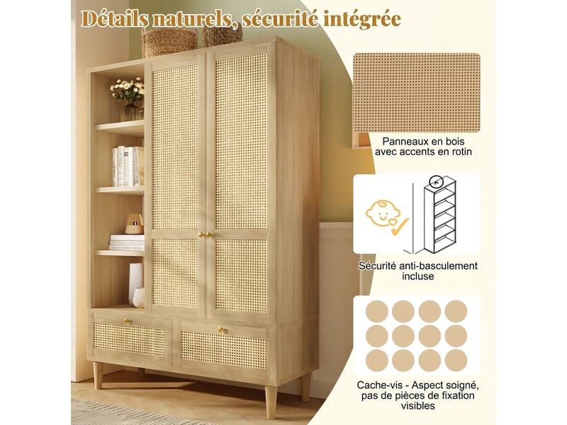  Armoire penderie 2 portes en rotin tressé style campagne, chêne avec étagères ouvertes, 180x120x50 cm  - Conforama E