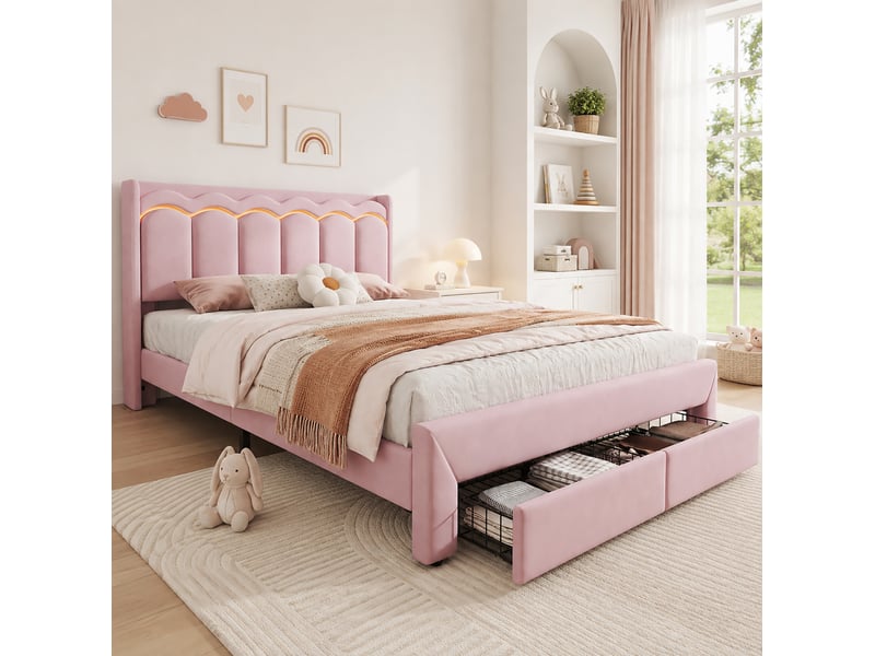  Lit enfant 140x200 cm en velours rose, tête de lit ondulée, led par application et 2 tiroirs, sans matelas  - Conforama E