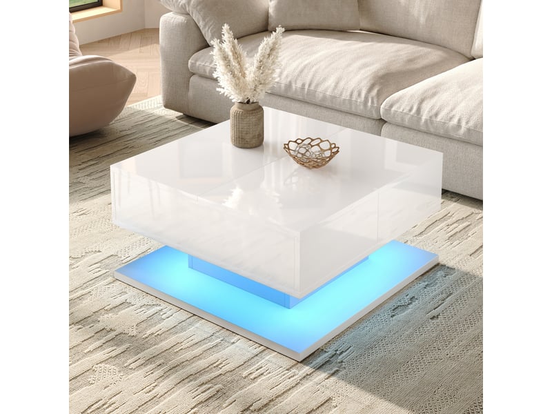  Table basse relevable led carrée 72x72 cm avec rangement et tiroirs, table de salon blanche brillante  - Conforama D