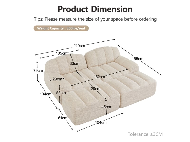 Canapé modulaire 2 places avec ottomans, assise ergonomique et mousse haute densité, en tissu beige - Conforama E