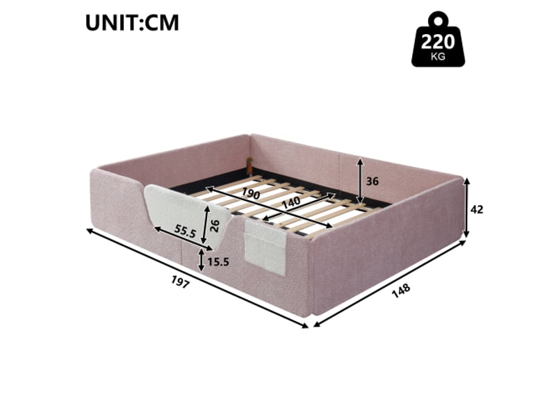  Lit capitonné, 140 x 190 cm, sans matelas, barrières de sécurité amovibles, sac de rangement intégré en velours unique, rose  - Conforama C