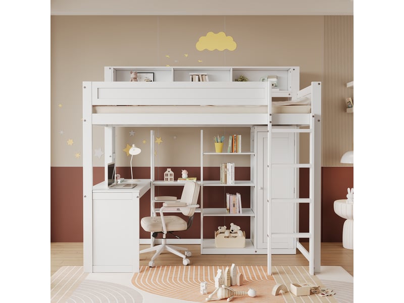 Lit mezzanine 90x200 cm avec table et armoire, lit superposé , lit enfant avec étagères et échelle à quatre niveaux, pin+mdf, blanc  - Conforama A