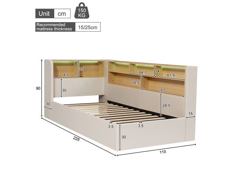  Lit coffre 90x200, coffre hydraulique lit une personne, revêtement velours, led, ports usb, rangements intégrés  - Conforama C