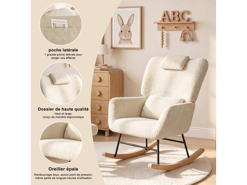 Fauteuil à bascule avec repose-pieds - 75x75x92.5cm - chaise berçante avec poches latérales et appui-tête en bouclette - beige - Conforama C