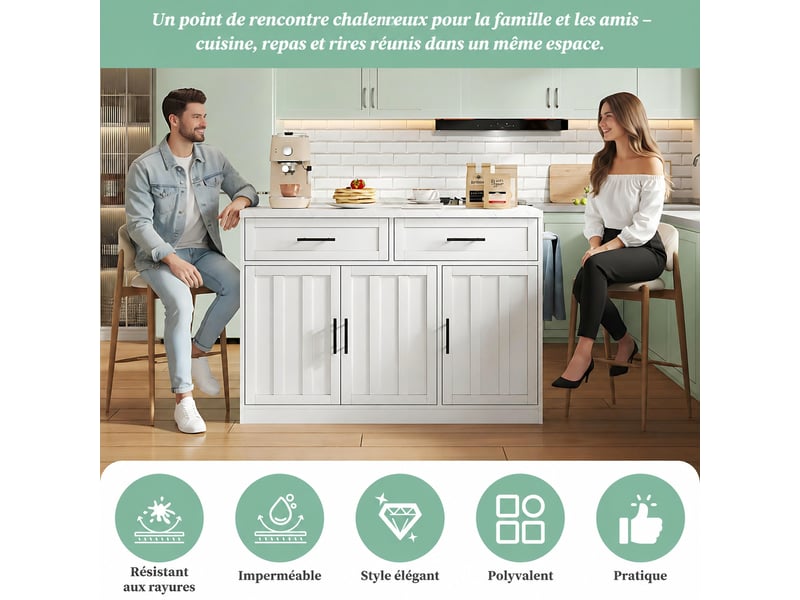  Îlot de cuisine avec prises et ports usb, espace bar, rangement 120 x 60 x 91 cm blanc  - Conforama D