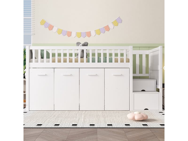  Lit mezzanine 90x200cm, lit enfant avec bureau extractible armoire, escalier de rangement, en bois de pin et mdf, blanc  - Conforama B