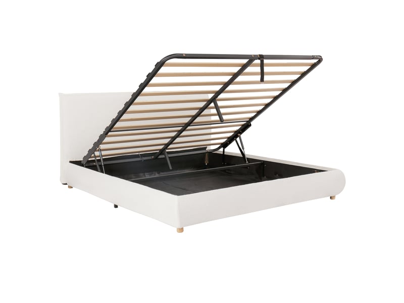 Lit double 180x200 cm blanc bouclé, grand rangement hydraulique, tête tapissée, sommier à lattes, pieds bois massif - Conforama E