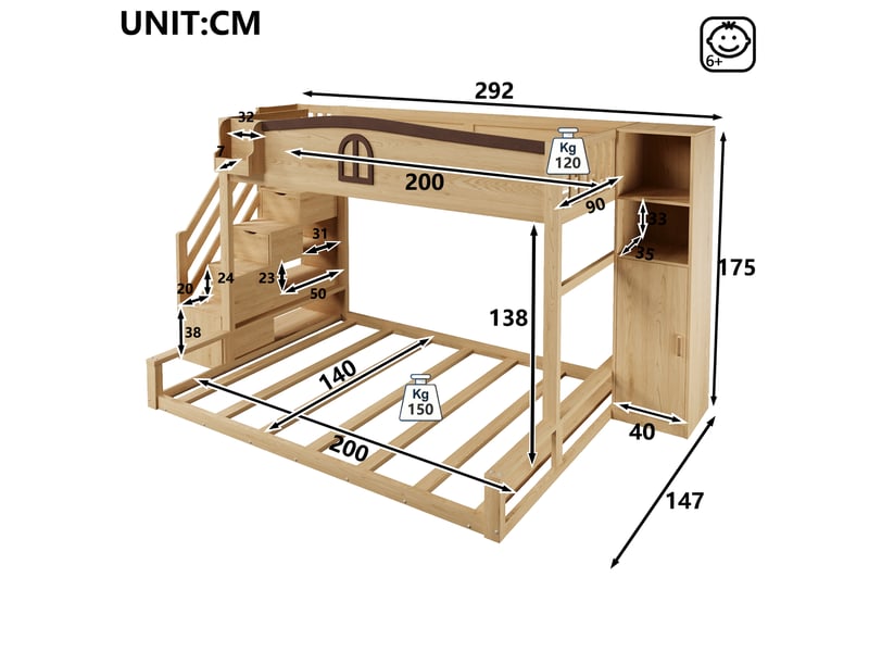  Lit superposé enfant 90x200140x200 cm avec escalier de rangement, armoire intégrée, étagères et fenêtre décorative, lit familial en bois, naturel OPULERANE TRADING LTD - Conforama C