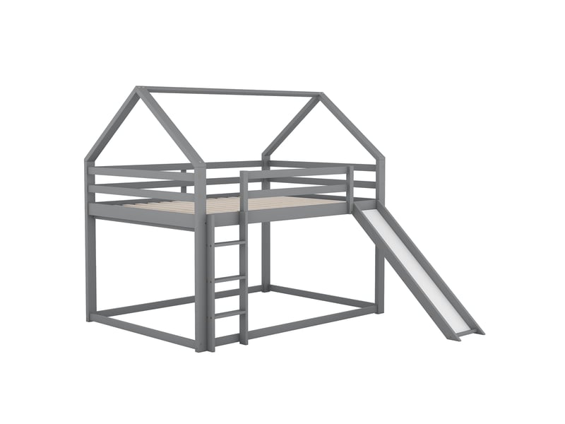  Lit superposé cabane avec toboggan, lit enfant double 140x200 gris en bois massif, avec échelle et sommier à lattes inclus.  - Conforama A