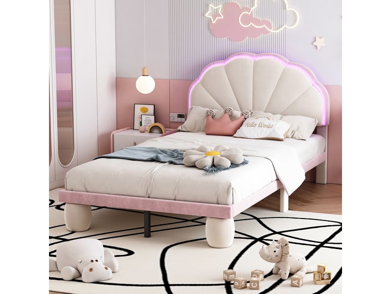  Modenvie lit enfant 90x200 cm - led multicolore, sommier inclus - sans matelas, beige et rose  - Conforama B