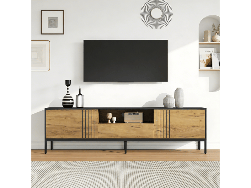 Meuble tv avec rangements en panneau de particules coloris chêne et noir 170x35x50 cm - pangivo - Conforama B