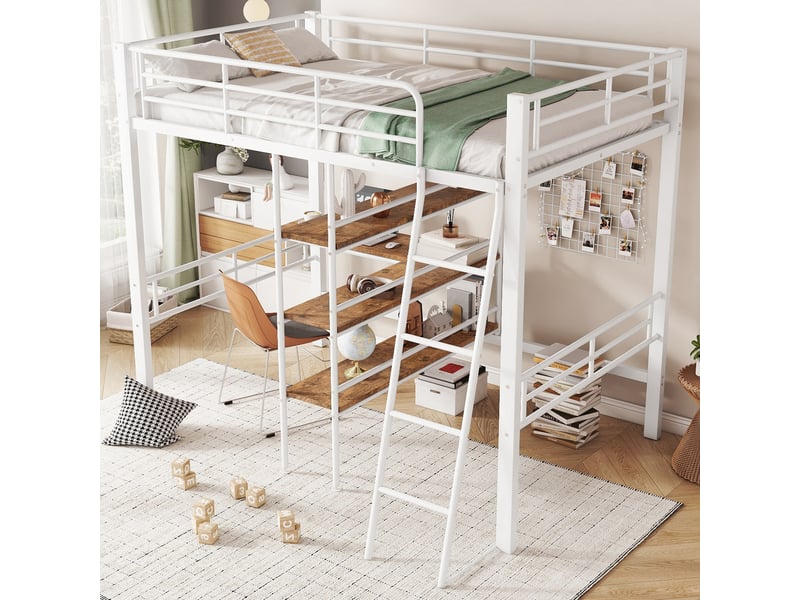  Lit mezzanine 90x200 en métal blanc, lit avec bureau intégré et étagères de rangement, sommier inclus, pour chambre d'enfant.  - Conforama R