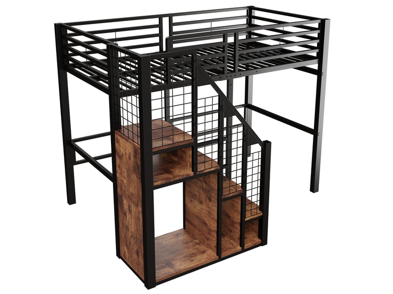  Lit mezzanine enfant simple 90×200 cm rangement, penderie et échelle sécurisée  - sans matelas, métal - noir  - Conforama E