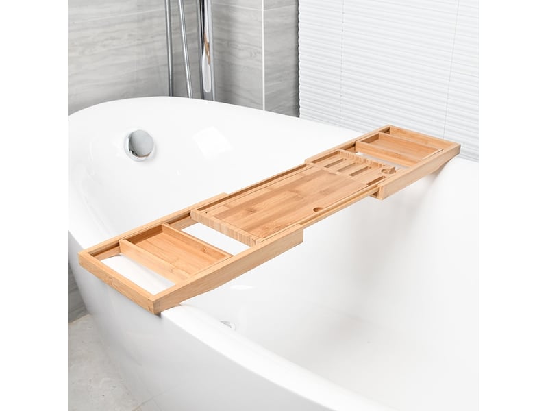 Plateau de bain 60-87 x 30 x 3 cm - decoration salle de bain bambou avec support de livre et porte-tablette - Conforama C