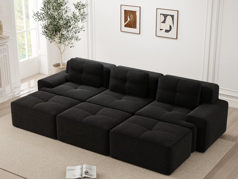  Canapé modulable d’angle 3 places avec trois poufs en velours côtelé noir, sans montage  - Conforama B