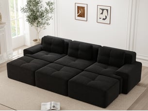 Canapé modulable d’angle 3 places avec trois poufs en velours côtelé noir, sans montage