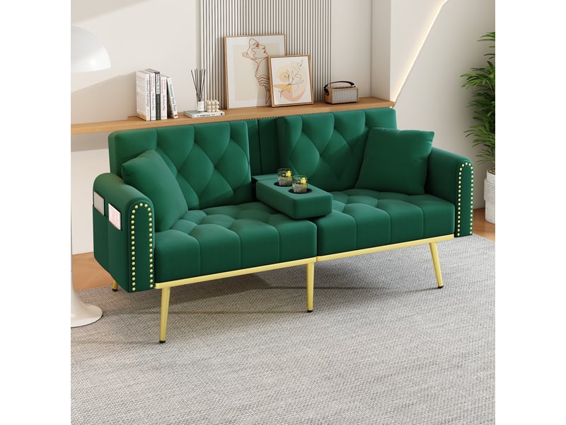  Canapé convertible, canapé-lit, en tissu, vert, porte-gobelets, pour salon, adapté à l'espace de vie, chambre  - Conforama R
