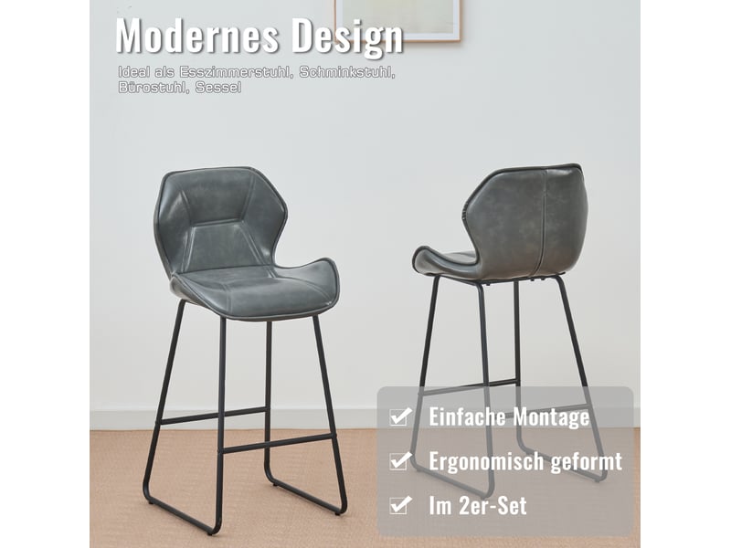  Tabouret de bar 2 pièces avec dossier ergonomique et repose-pieds, pour cuisine et bar, en simili cuir gris  - Conforama E