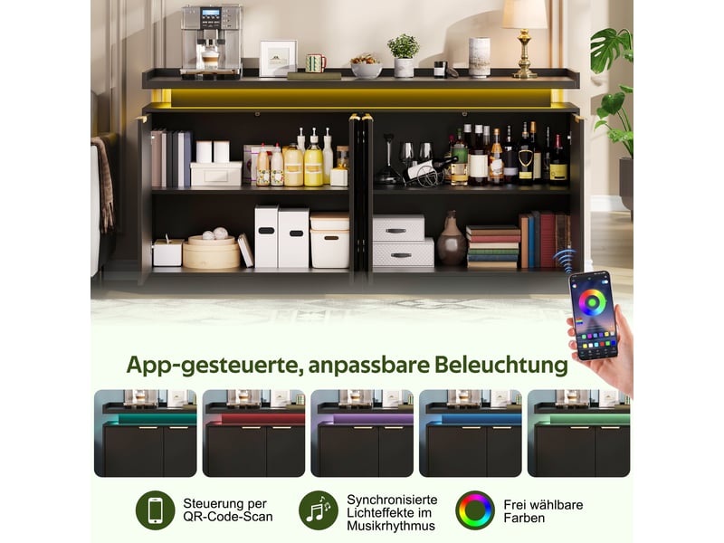  Buffet de cuisine avec 4 portes, étagères fixes et éclairage led pour salle à manger en mdf 160×39×83 cm noir  - Conforama E