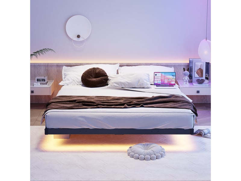  Cadre de lit, lit double 140x190 cm, led, station de recharge, métal noir, sommier à lattes  - Conforama C